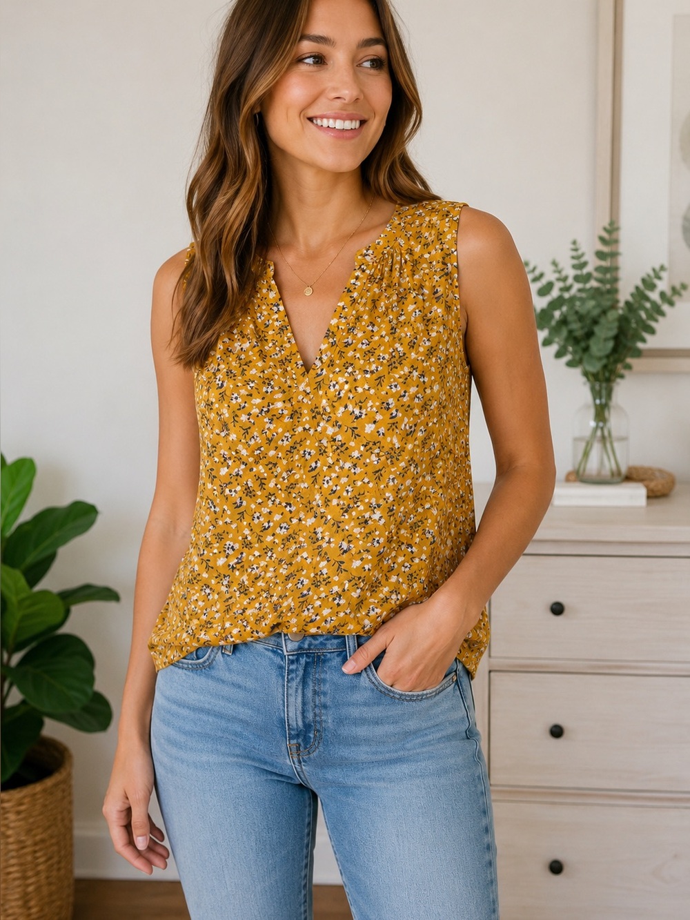 Old Navy Floral Sleeveless Blouse – Cottagecore Boho Mustard Yellow Top | Large